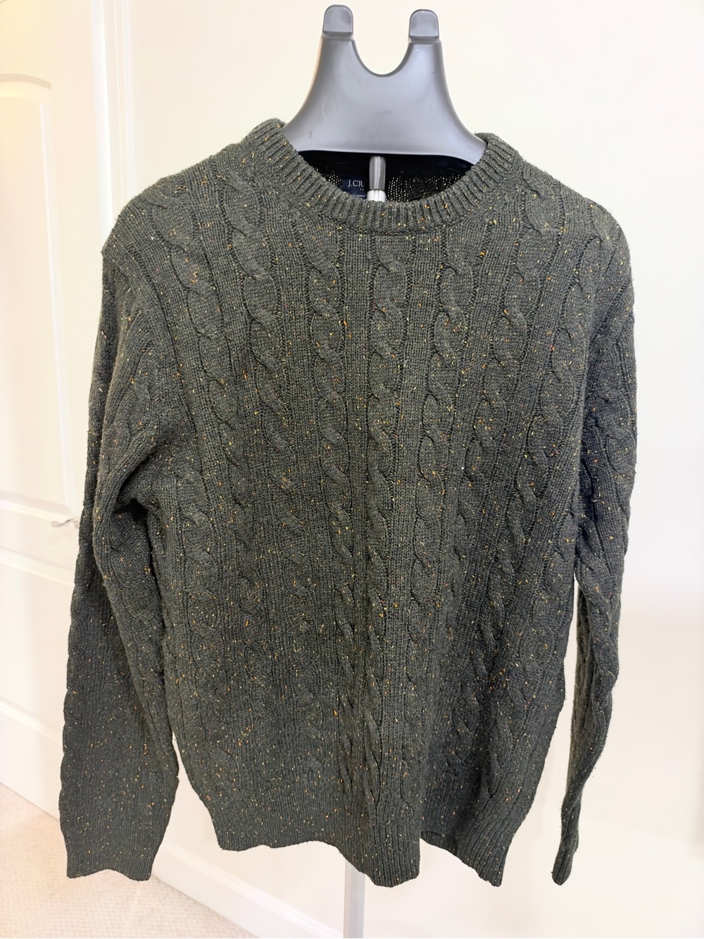 J. Crew Men's Olive Cable-Knit Crewneck with Gold Fleck